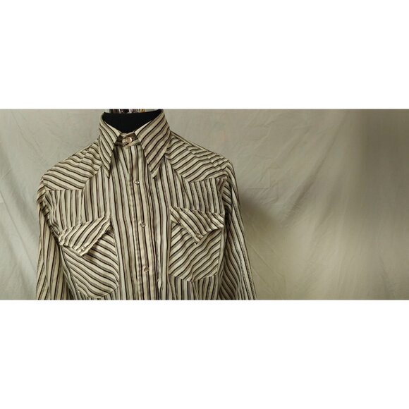 Vtg Stockman By PMC Mens Beige Brown Stripe Pearl Snap Long sleeve Western Shirt - Picture 2 of 11